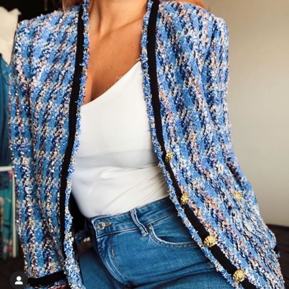 Zara Blue Tweed Blazer with Gold Accents